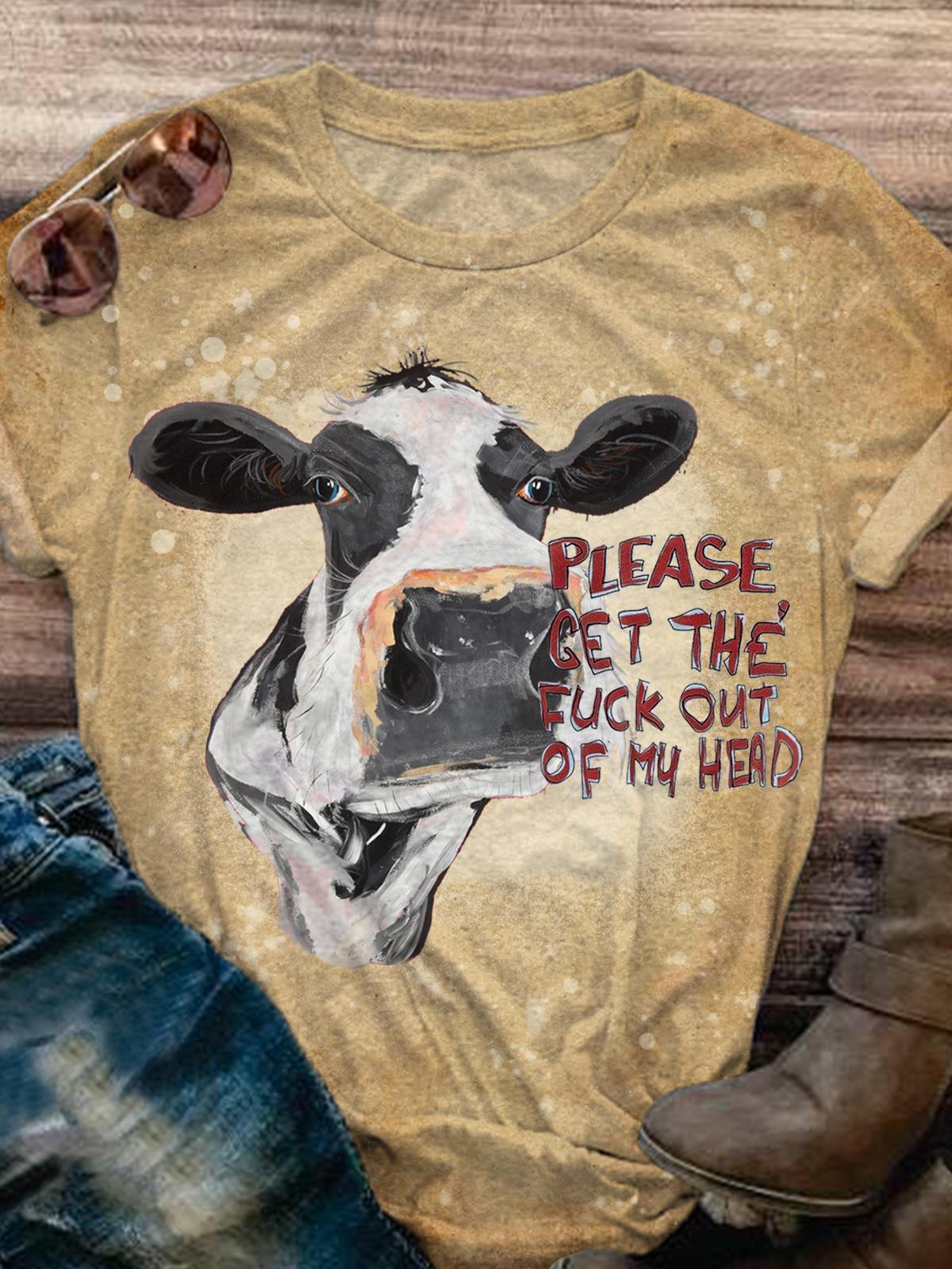 Please Get The Fuck Out Of My Head Vintage Cow Print Casual T-shirt