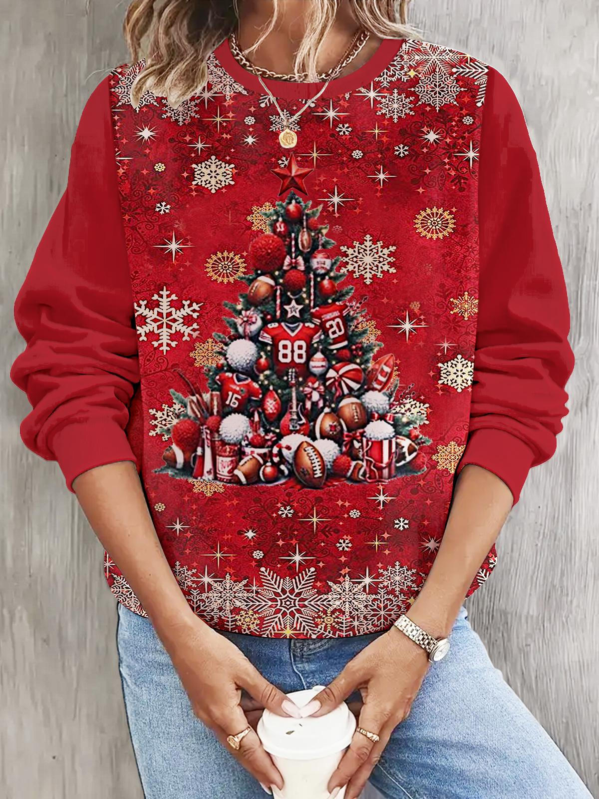 Women's Christmas Football Tree Print Long Sleeve Casual Top