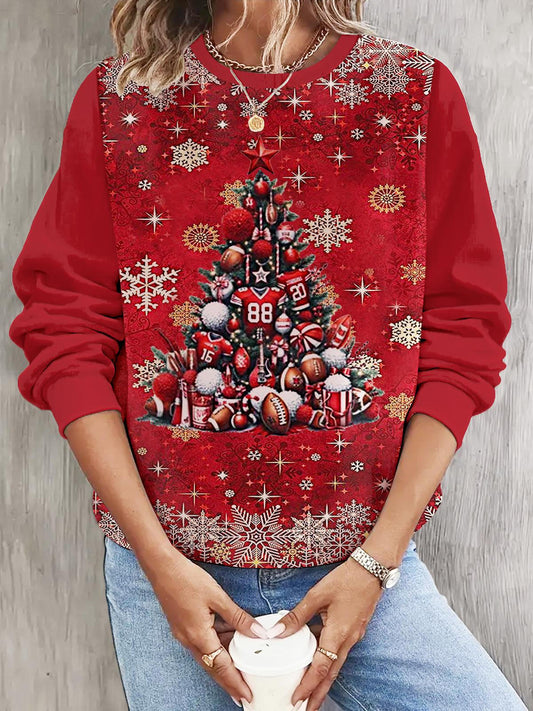 Women's Christmas Football Tree Print Long Sleeve Casual Top