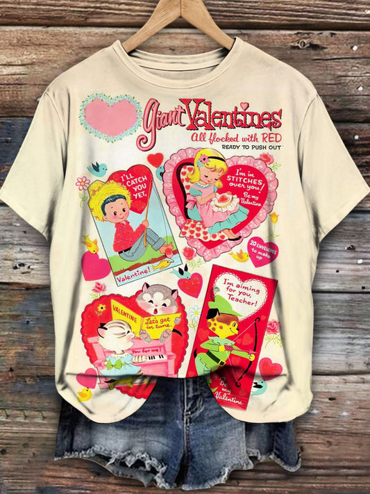 Giant Valentines All Flocked With Red Vintage Print Casual T-Shirt