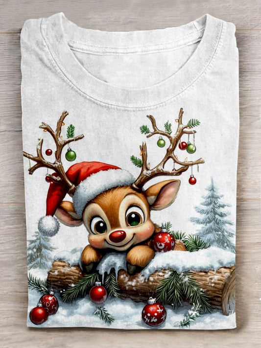 Christmas Deer Print Crew Neck T-shirt