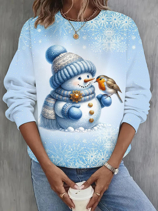 Snowman And Bird Print Long Sleeve Casual Top