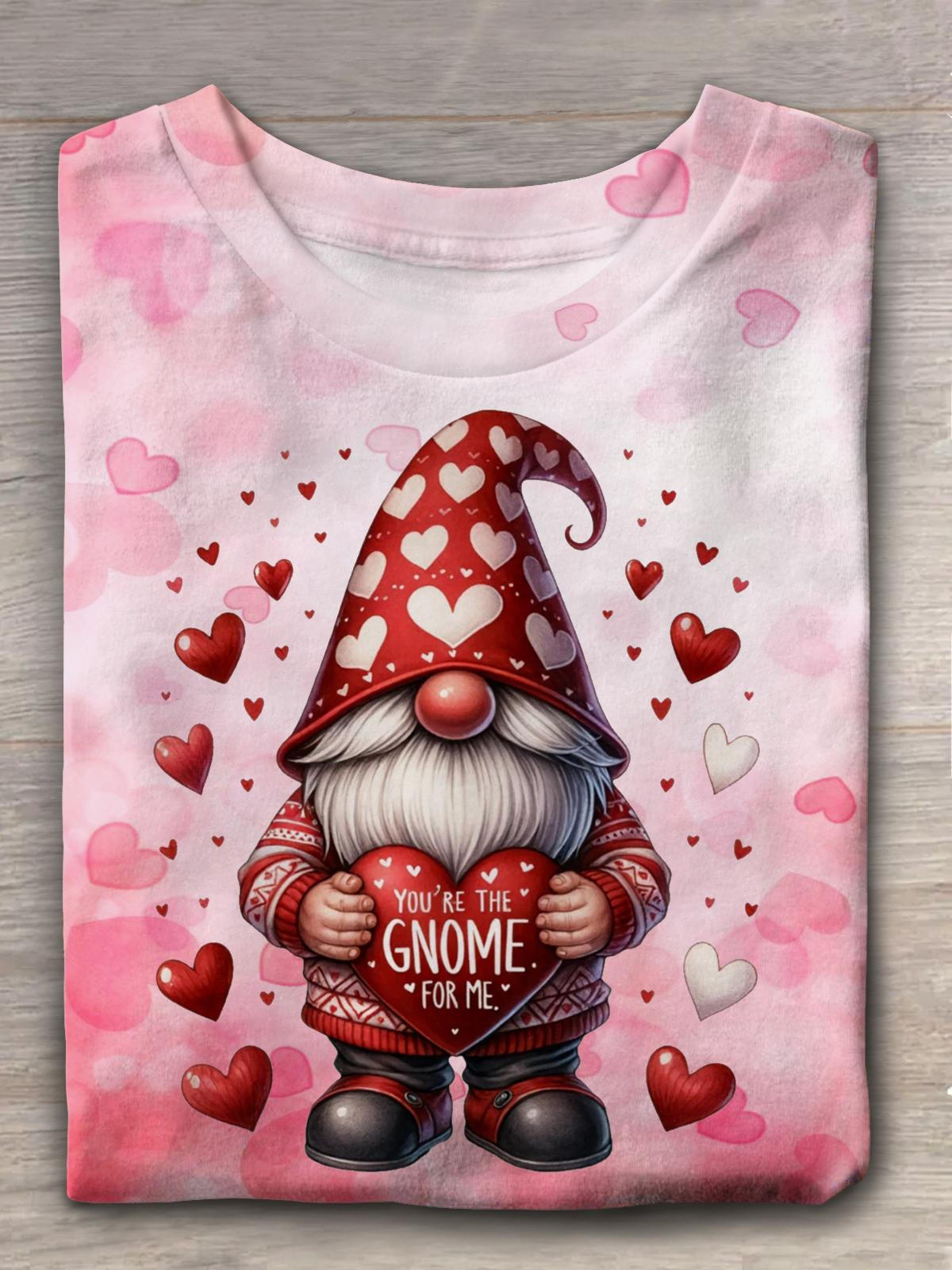 Valentines Gnomes Heart Printed Crew Neck T-shirt