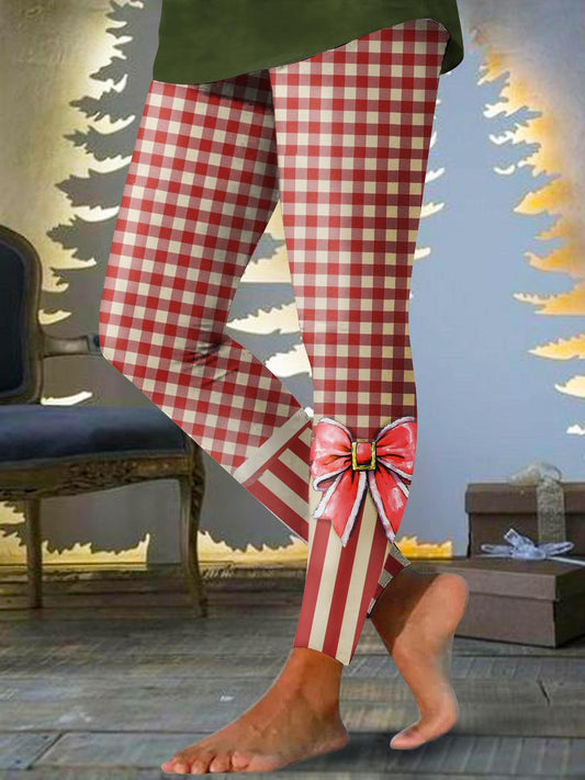 Women's Christmas Bow Plaid Print Stretch Leggings