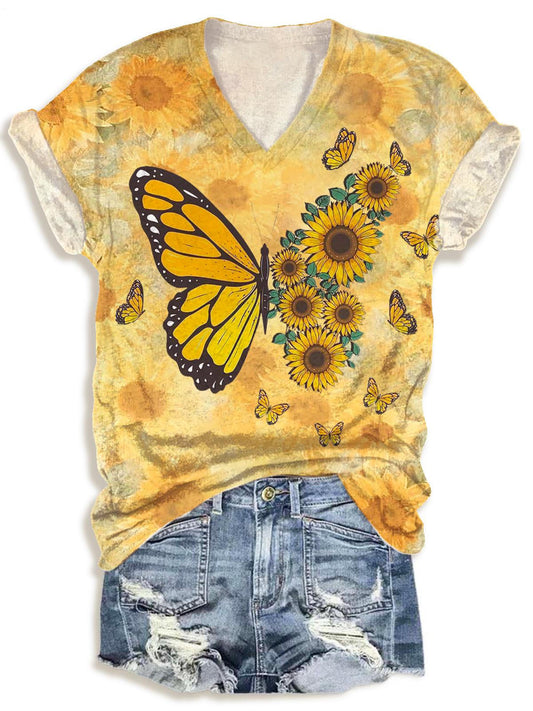 Summer Sunflower Butterfly Print V-neck T-Shirt