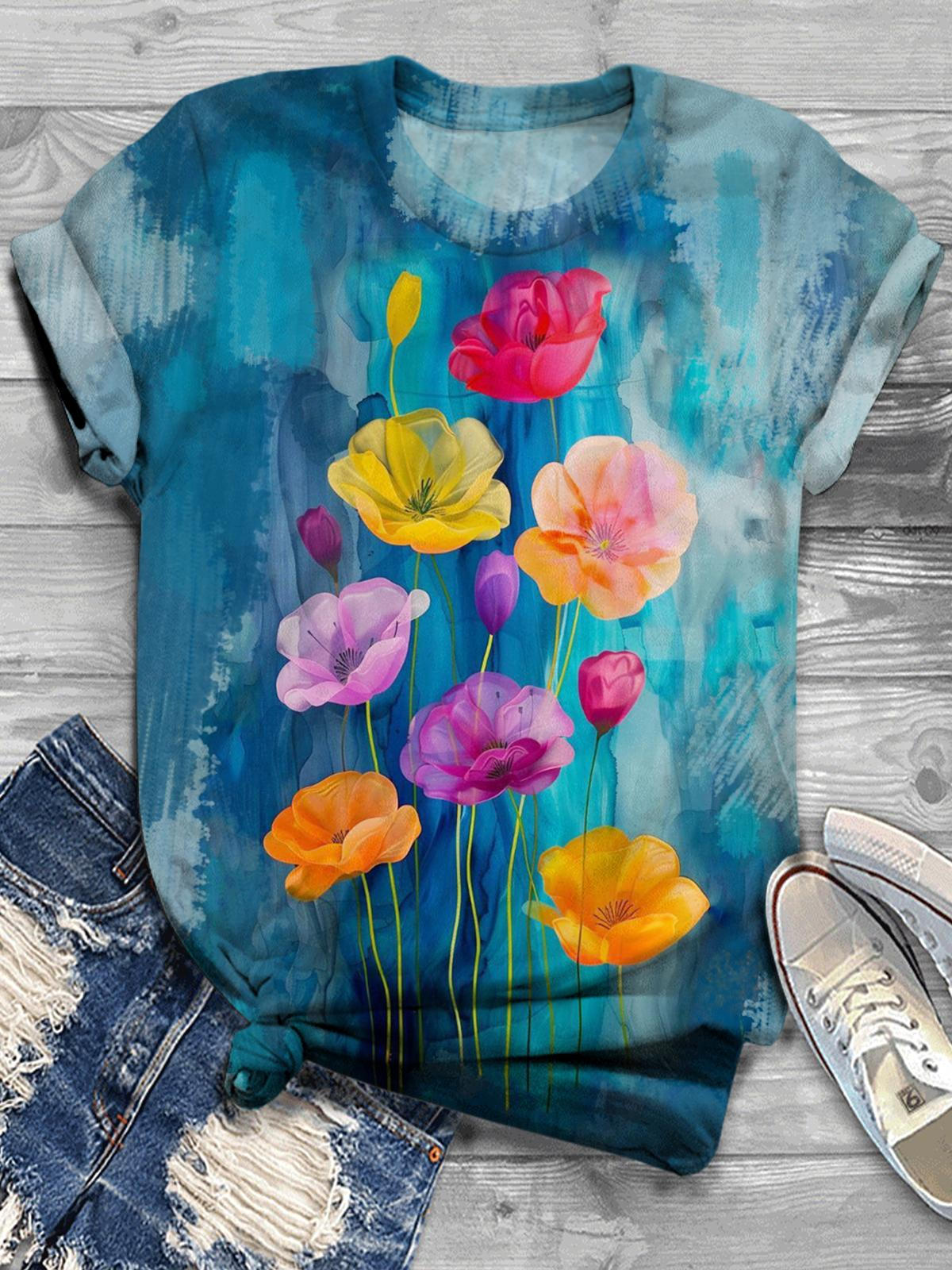 Women's Vintage Flower Print Casual T-Shirt