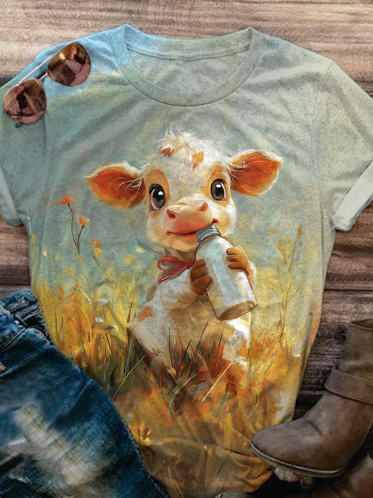 Women's Cute Cow Grassland Retro Print Casual Vacation T-shirt