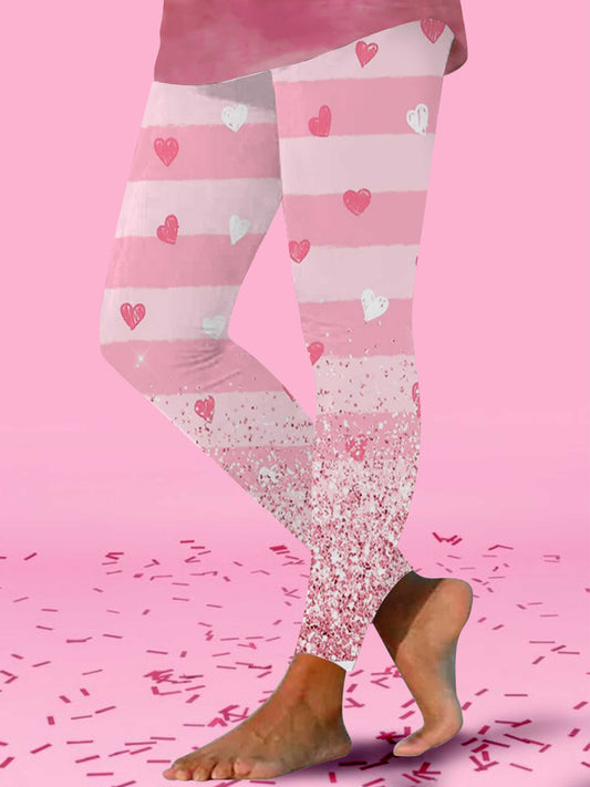 Glitter Heart Striped Print Leggings