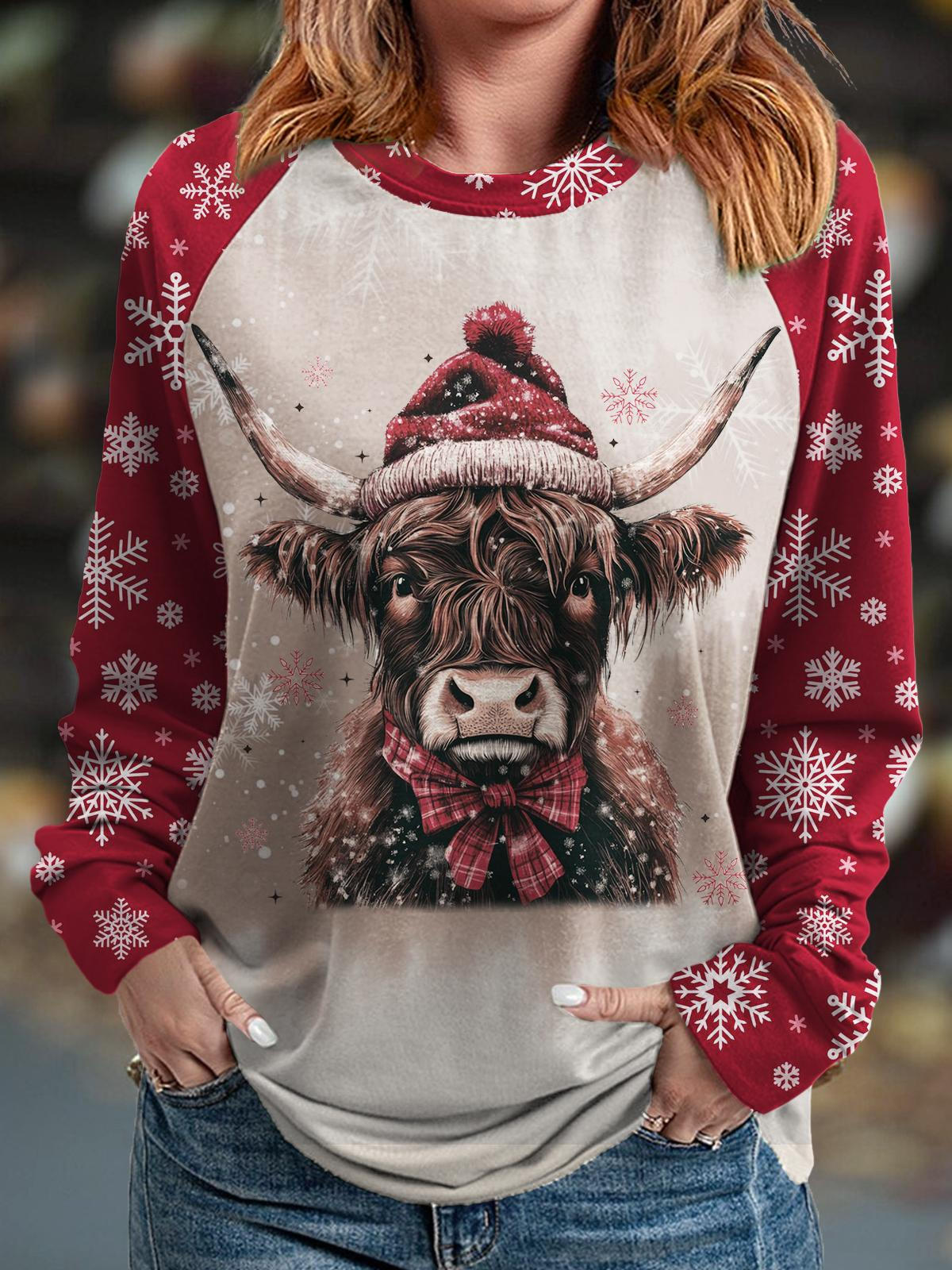 Christmas Coquette Highland Cow Long Sleeve Casual Top