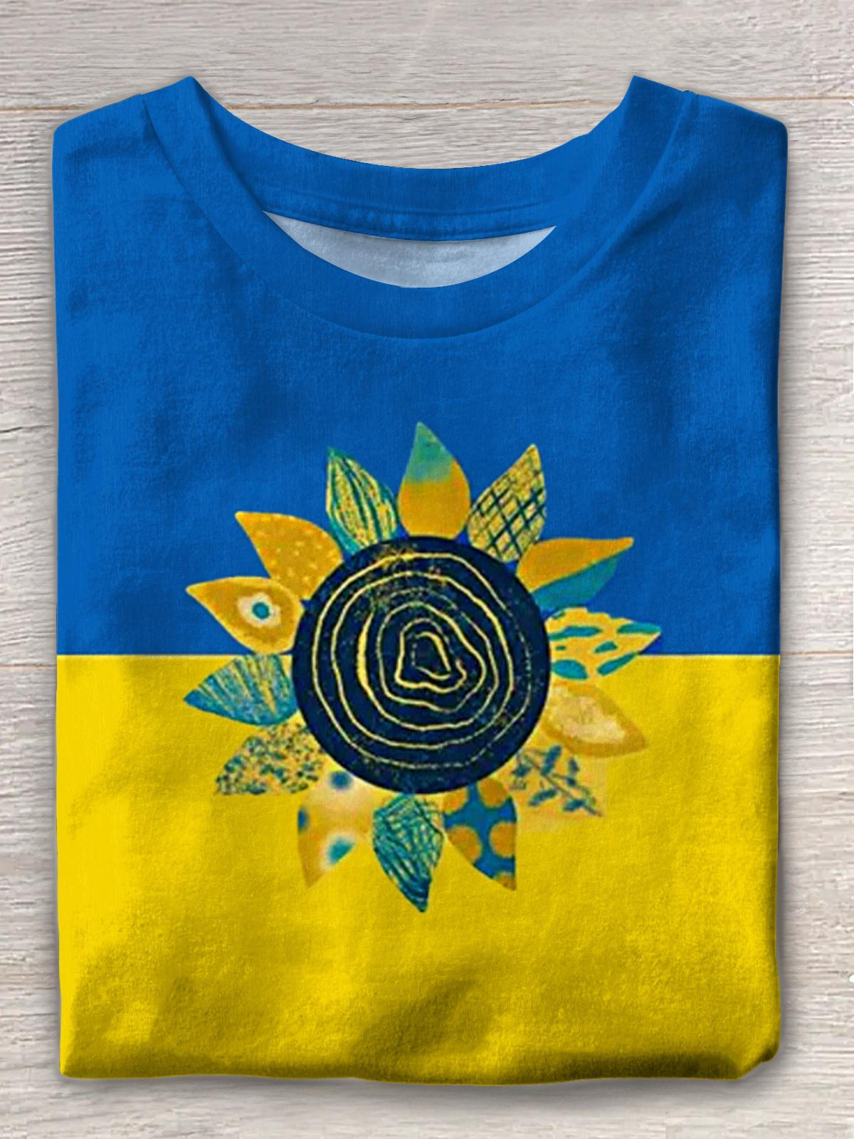 Blue And Yellow Sunflower Print Crew Neck T-shirt