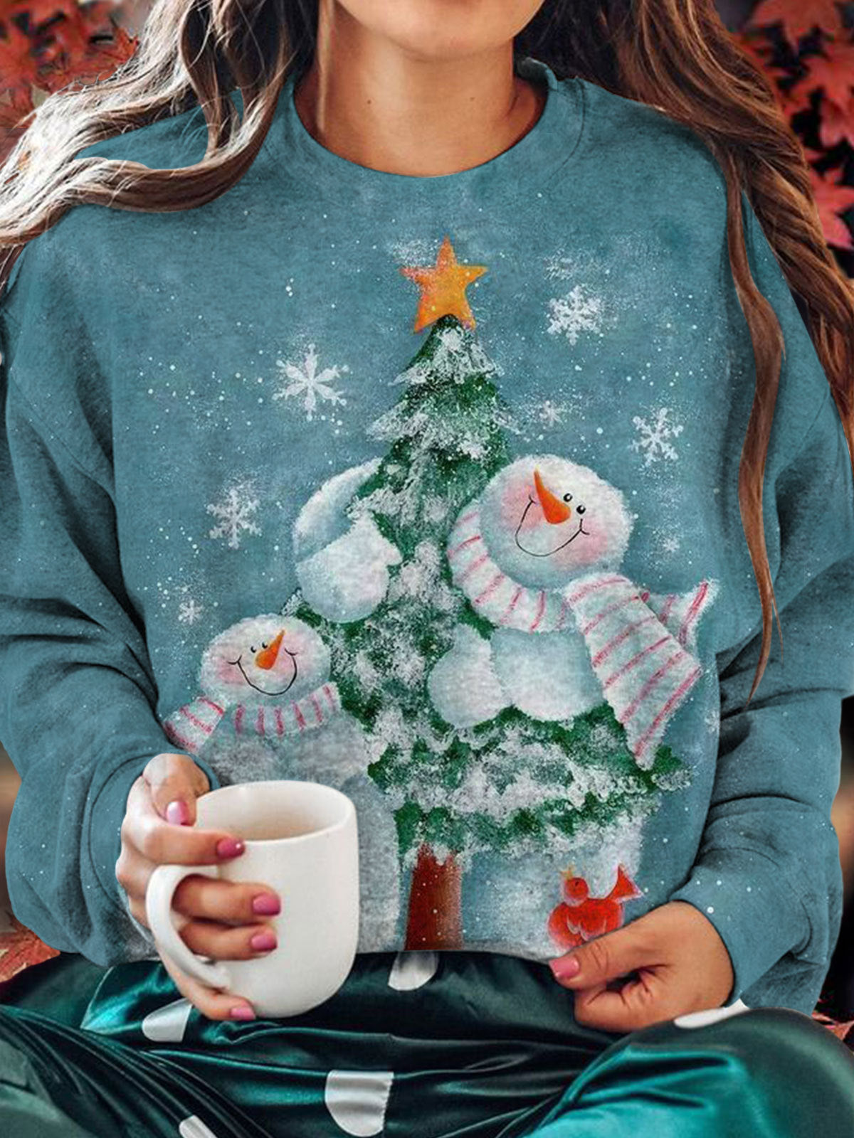 Women's Snowman With Tree Round Neck Long Sleeve Top