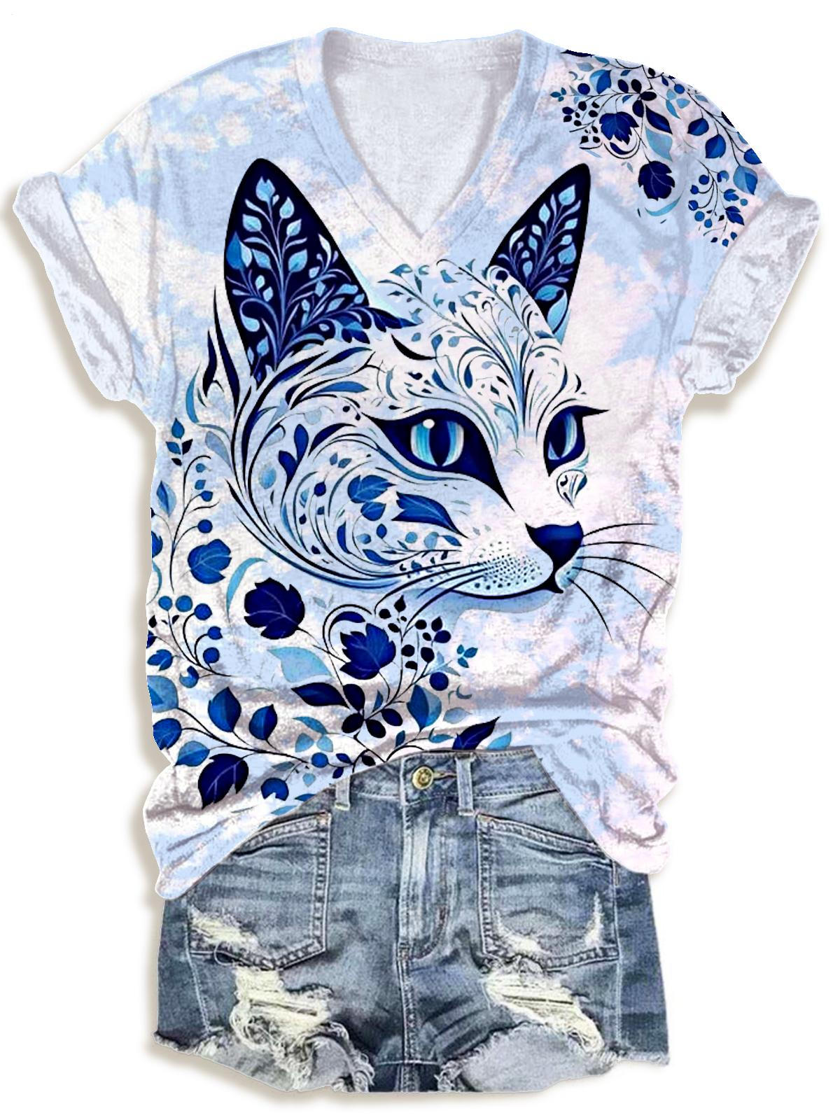 Floral Kitten Print V-neck T-Shirt