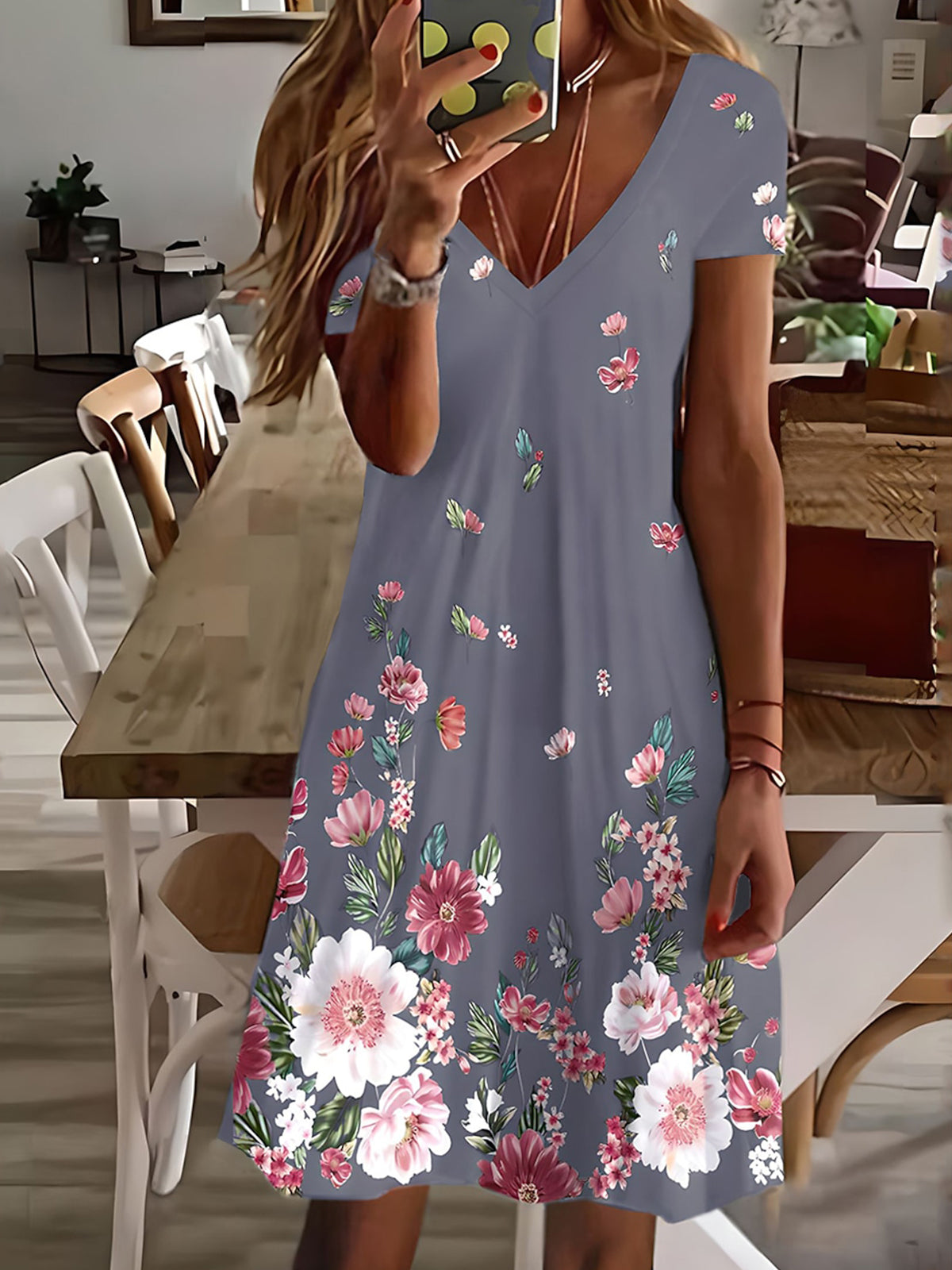 Floral V Neck Short Sleeve Dress