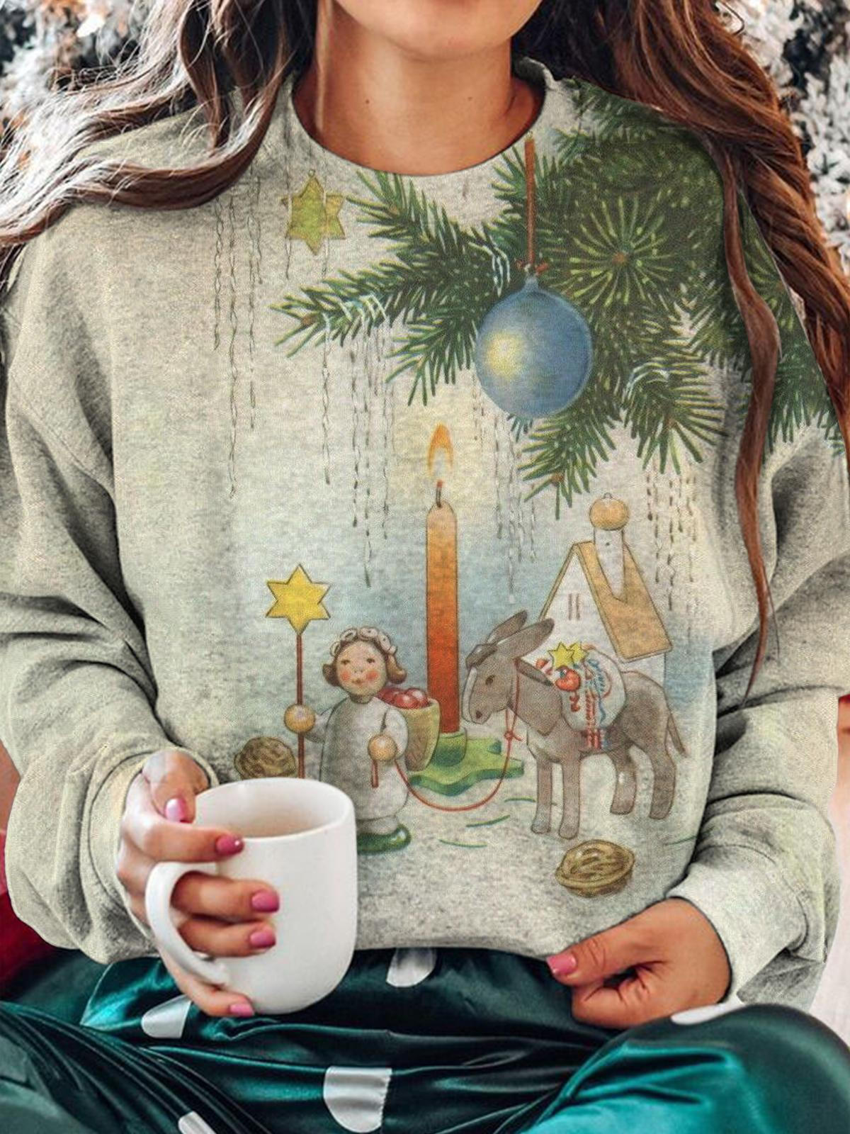 Women's Christmas Print Round Neck Long Sleeve Top