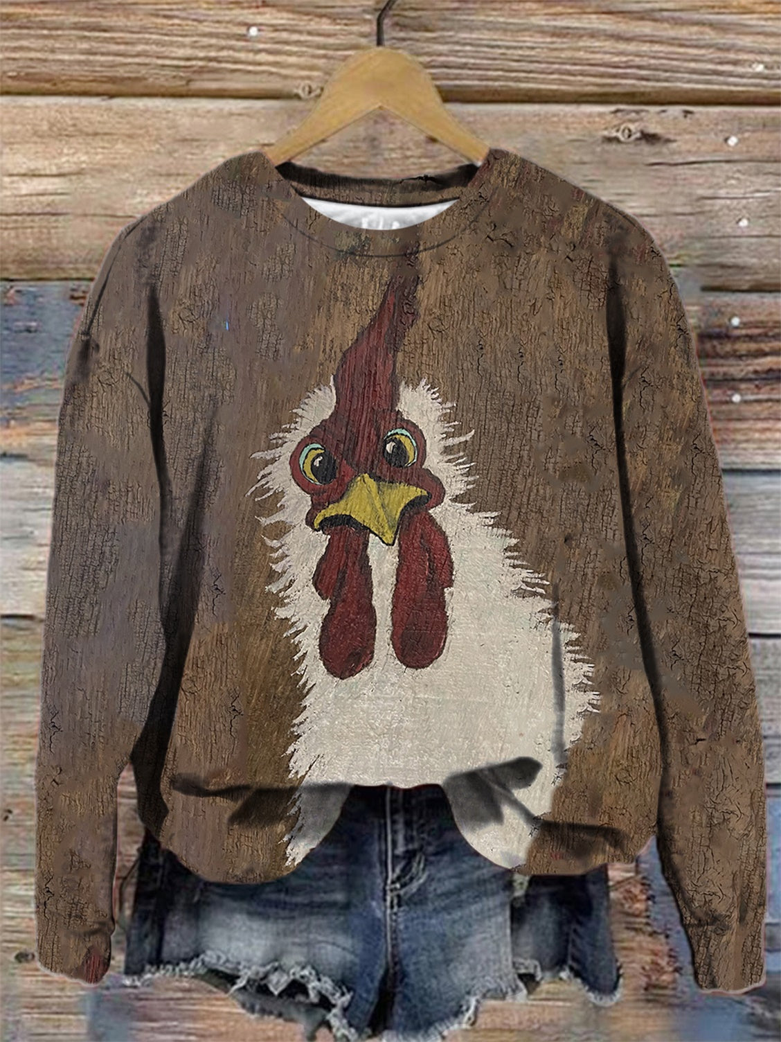 Rooster Print Round Neck Long Sleeve Top