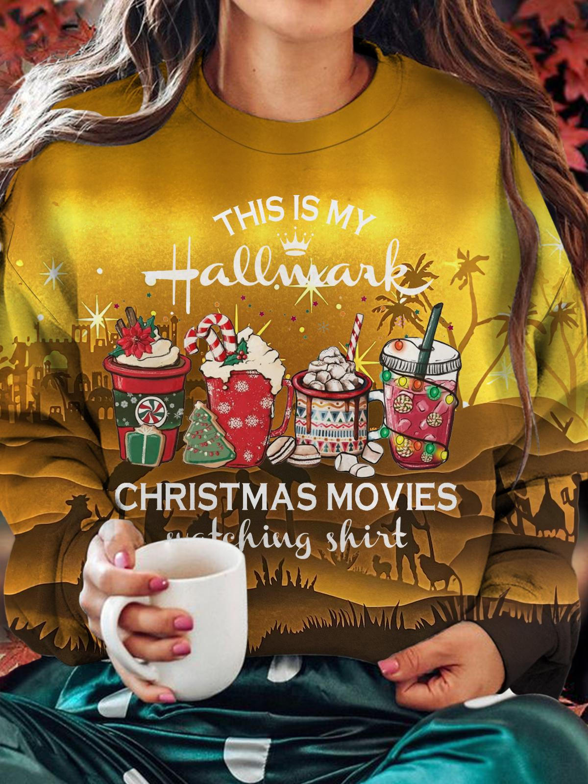 Hallmark Christmas Movie Printed Long Sleeve Casual Top