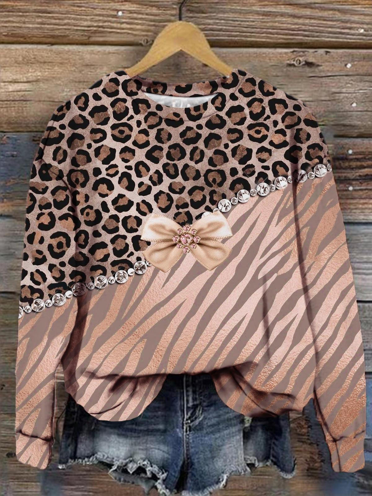 Women's Cute Sexy Leopard Faux Bow Print Long Sleeve Top