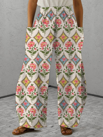 Retro Floral Geometry Print Casual Pants