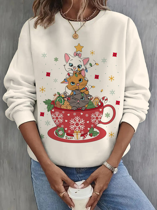 Sweet Marie Cat Christmas Tree Long Sleeve Casual Top