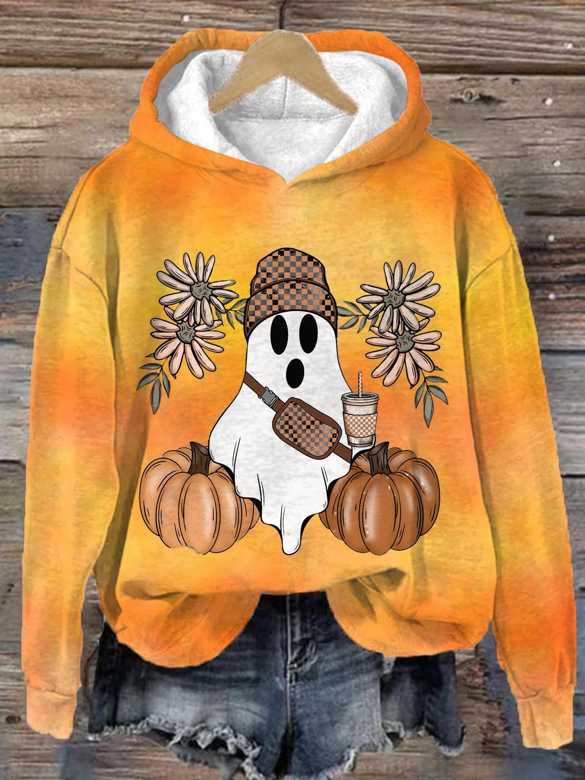 Halloween Lovely Ghost Long Sleeve Printed Hoodie