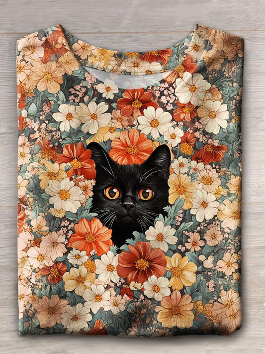 Summer Cute Cat Foral Spring Fun Print T-shirt