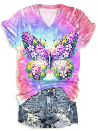 Spring Colorful Tie Dye Butterflies V-neck T-Shirt