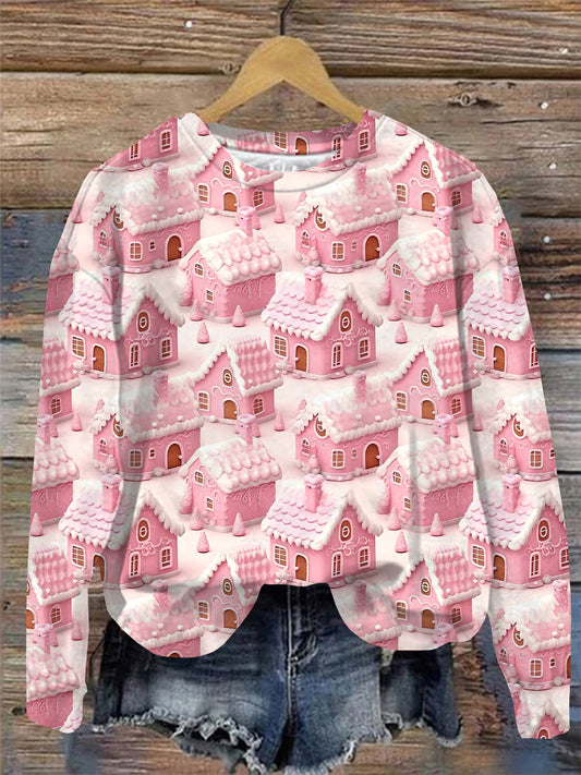 Pink Gingerbread House Print Round Neck Long Sleeve Top