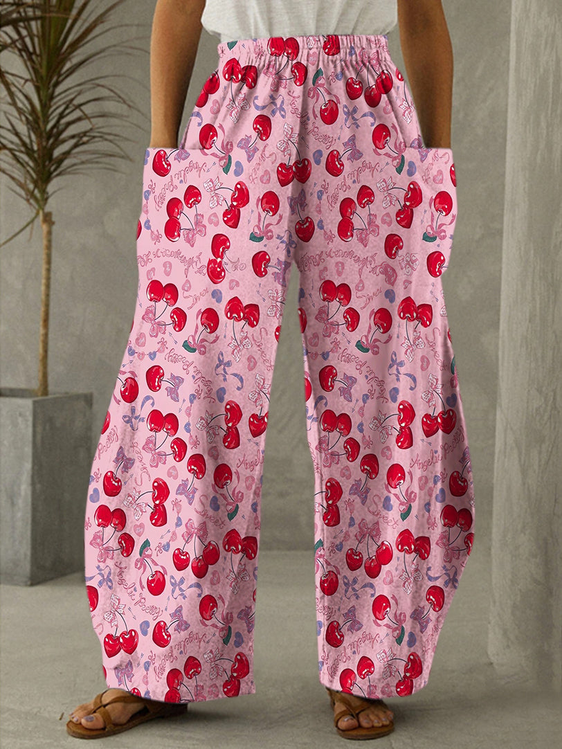 Women's Vintage Valentine's Day Cherry Print Casual Pants