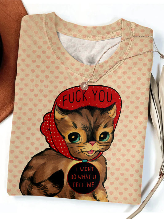 Cute Cat Print Crew Neck T-shirt