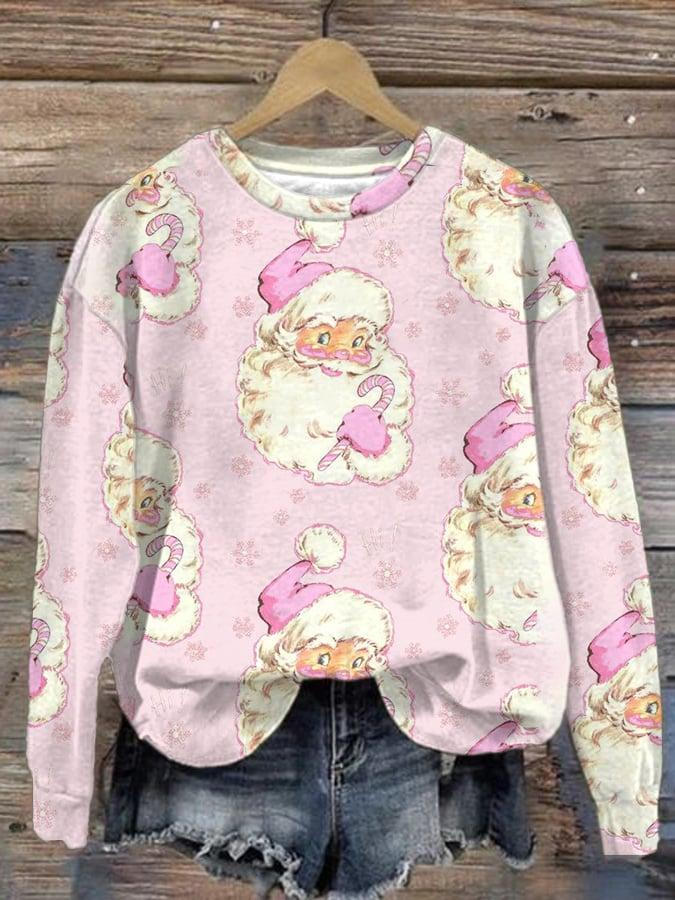 Pink Cute Santa Print Round Neck Long Sleeve Top