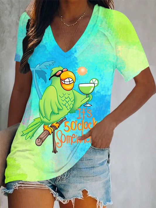 It's 5 O'clock Somewhere Beach Parrot Short Sleeve V Neck Print Top