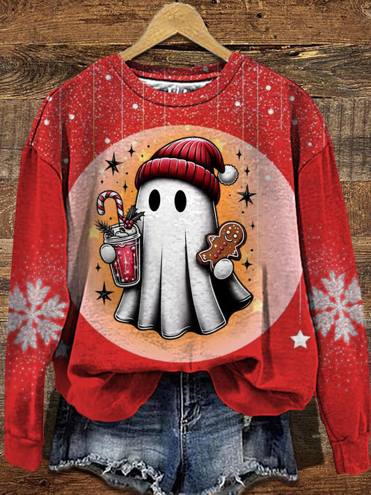 Women's Christmas Snowflake Cute Ghost Long Sleeve Casual Top