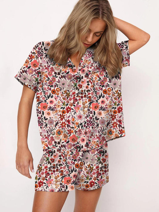 Women's Exquisite Floral Print Short Sleeve Shorts Summer Pajama Set