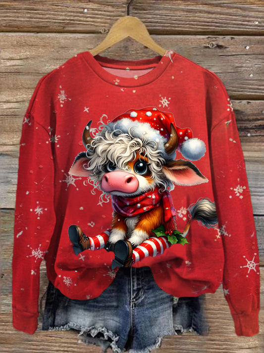 Cute Christmas Cow Round Neck Long Sleeve Top