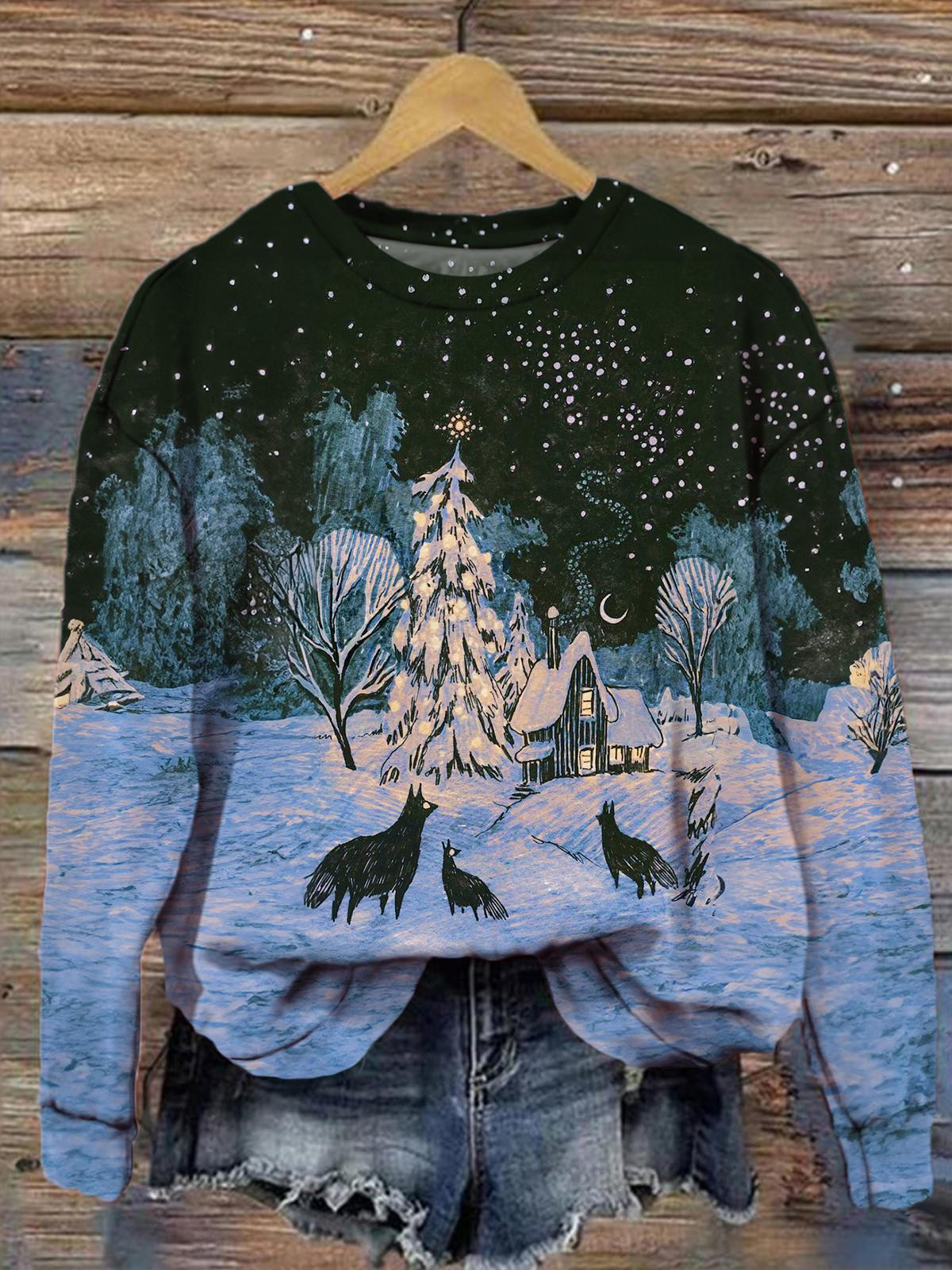 Women's Christmas Winter Timber Wolf Pack Print Top