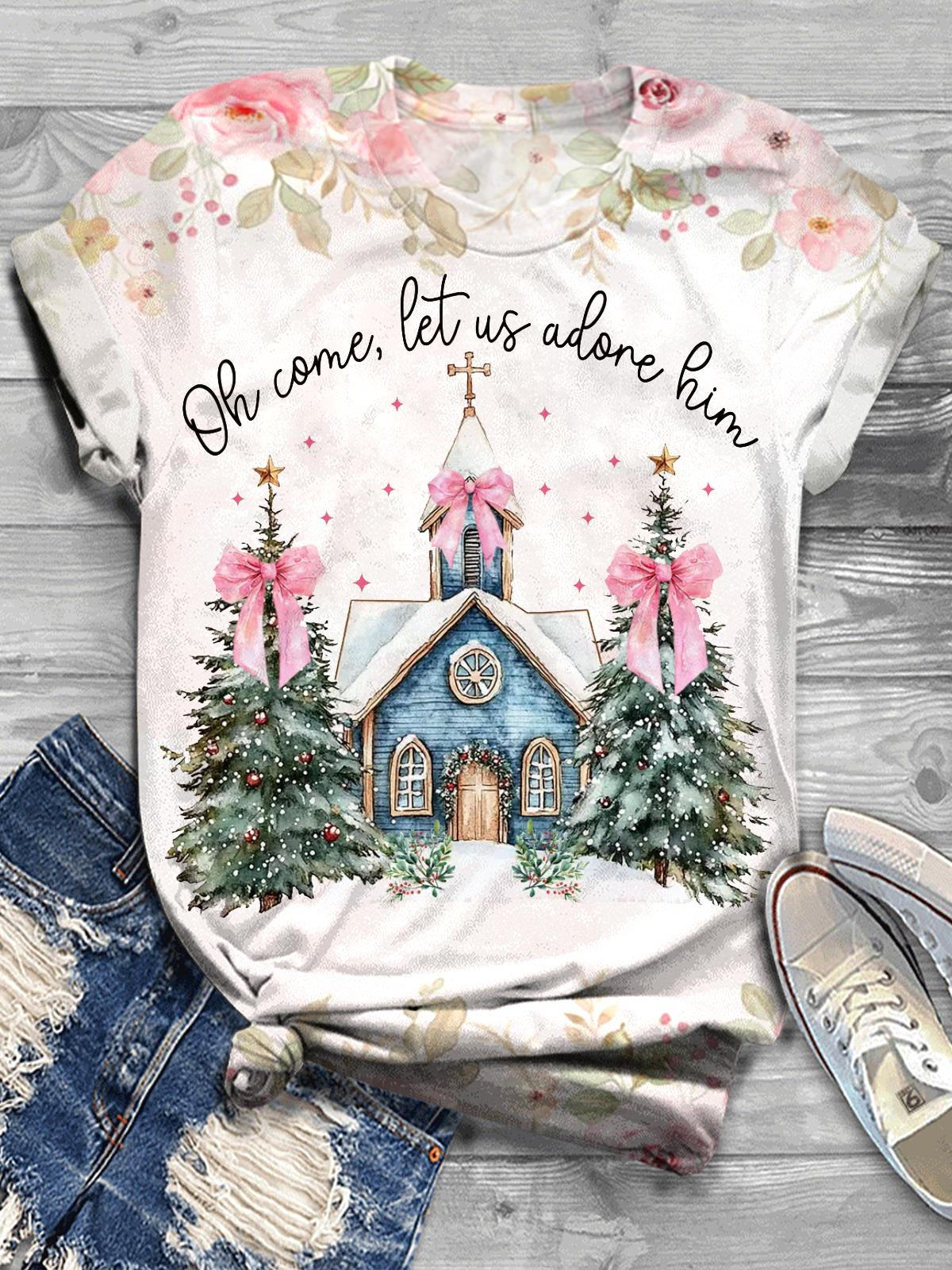 Snow Scene Of The Church Crew Neck T-shirt