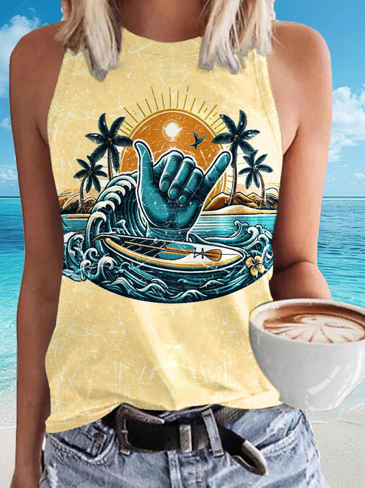 Surf Vacation Print Casual Sleeveless Top