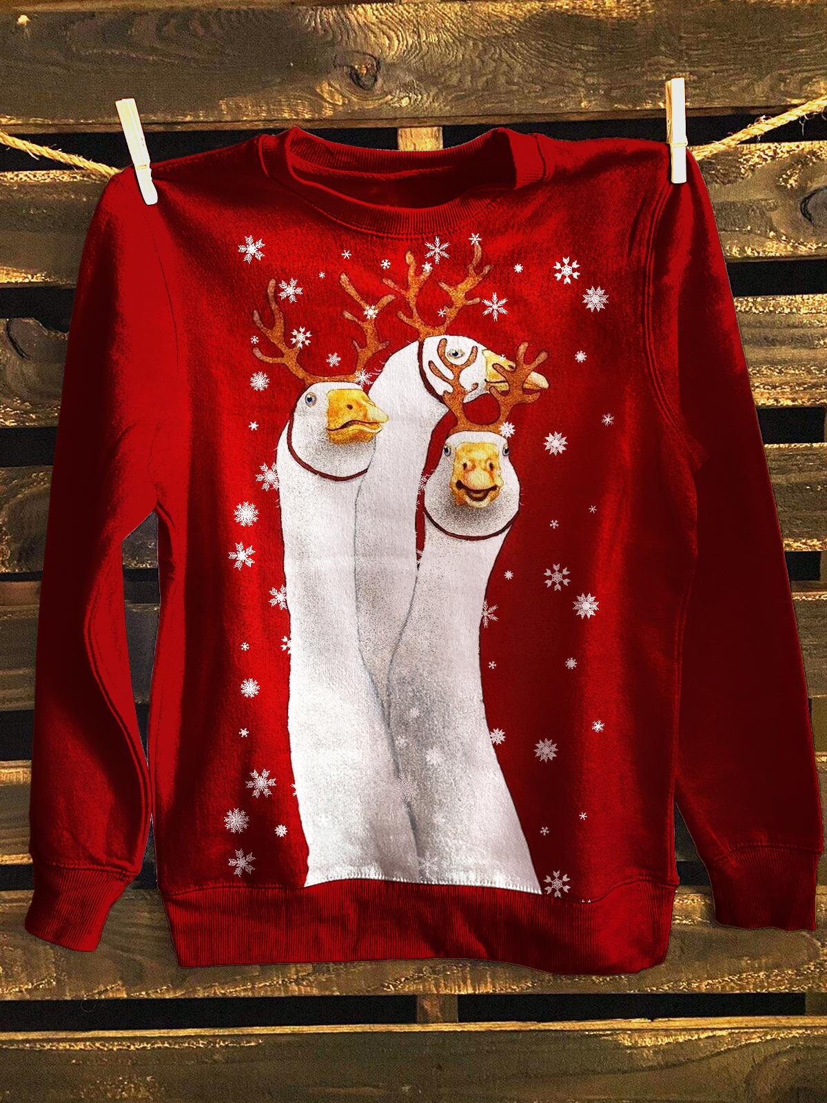 Women's Christmas Funny White Goose Long Sleeve Casual Top