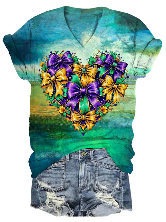 Mardi Gras Happy Holidays Bow Heart Tie Dye Print T-Shirt