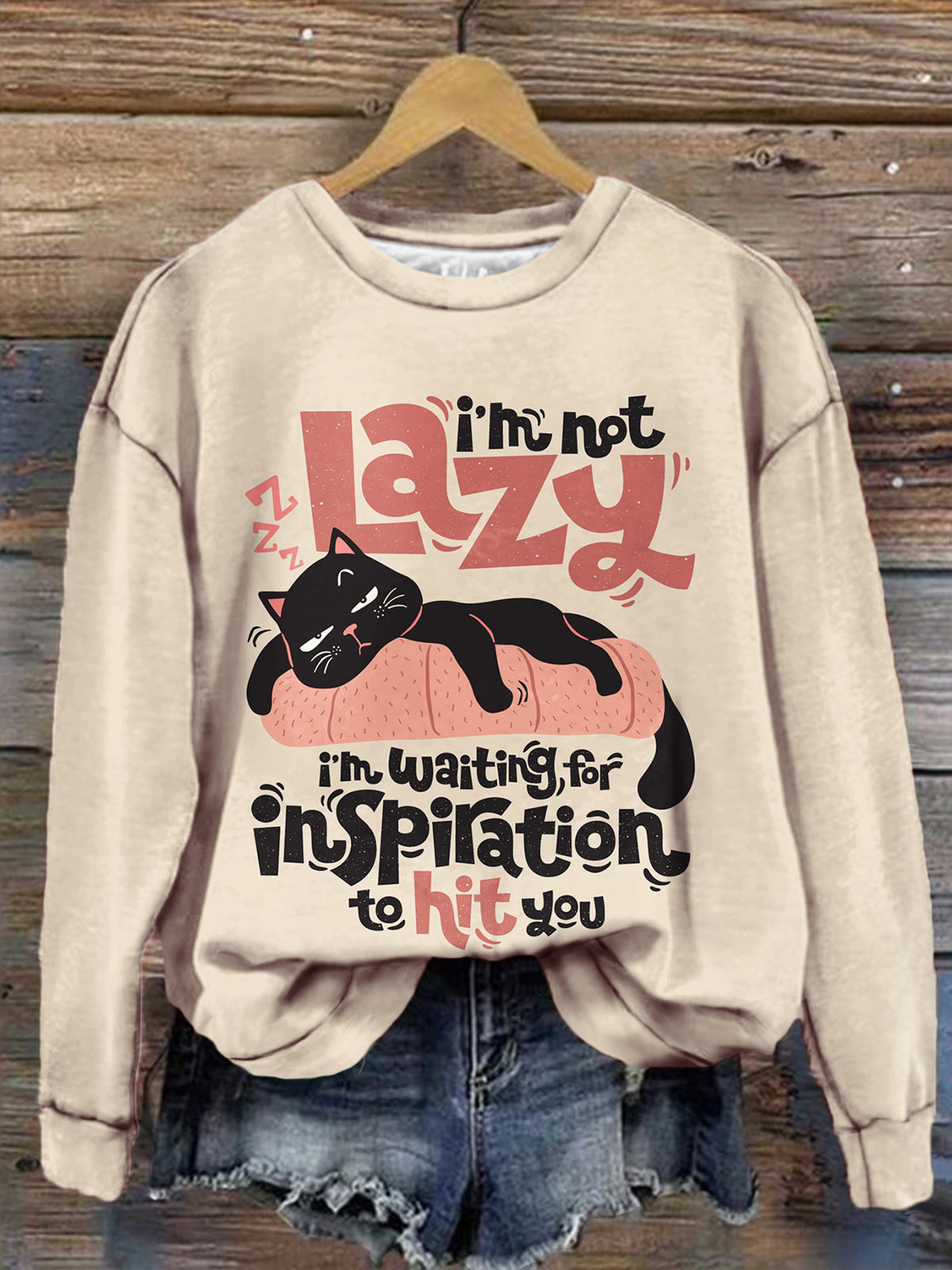 I'm Not Lazy I'm Waiting For Inspiration Print Long Sleeve Top