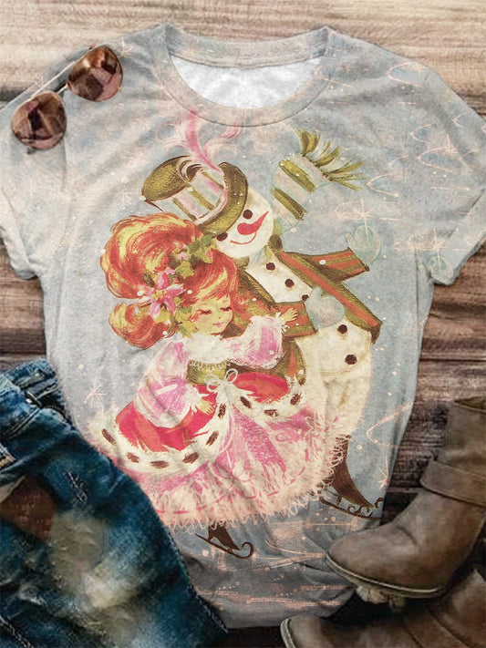 Christmas Retro Girls Snowman Printed Round Neck T-Shirt