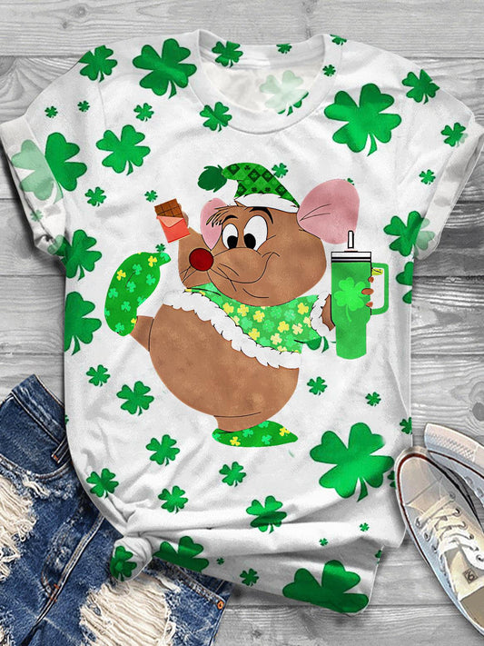 St. Patrick Cartoon Mouse Print Crew Neck T-shirt