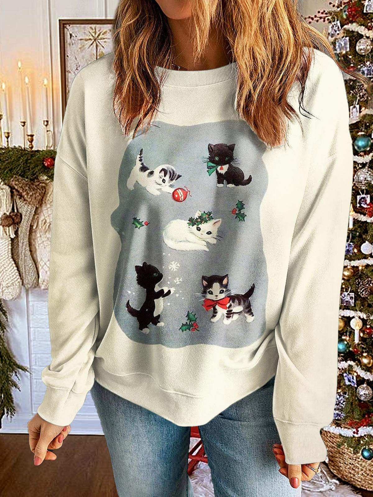 Women's Retro Christmas Cat Printed Long Sleeve Casual Top