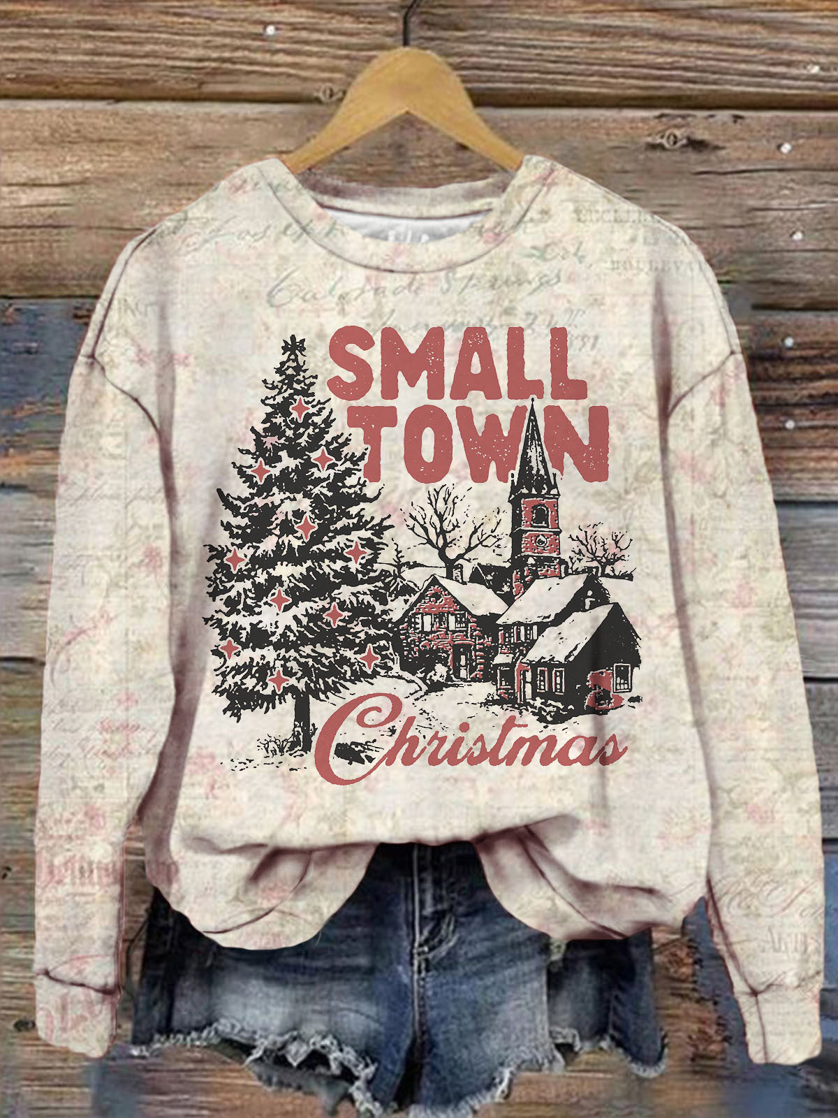 Women's Small Town Christmas Tree Vintage Print Long Sleeve Top