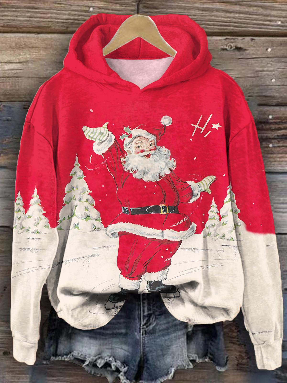 Women's Santa Claus Snow Scene Vintage Print Long Sleeve Top