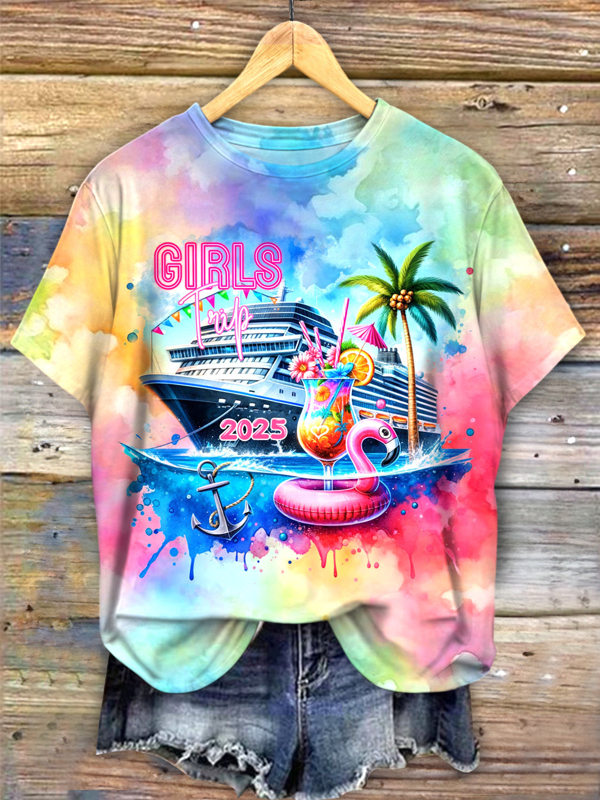 Girls Trip 2025 Cruise Watercolor Print Crew Neck T-shirt