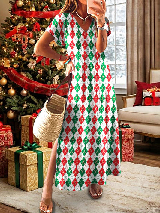 Women's Christmas Red And Green Plaid Short Sleeve V Neck Maxi Dress