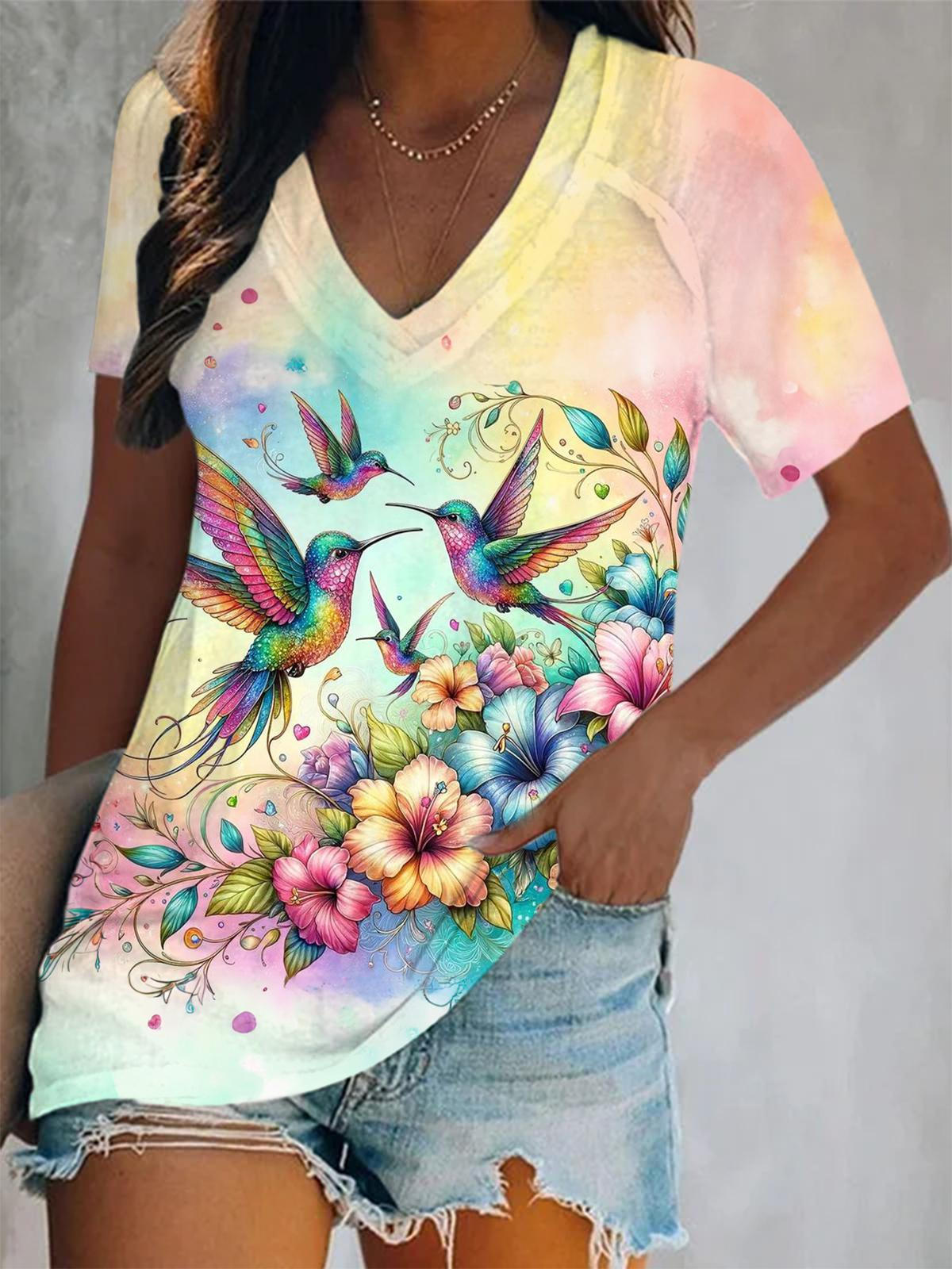 Rainbow Color Floral Hummingbirds Short Sleeve V Neck Print Top