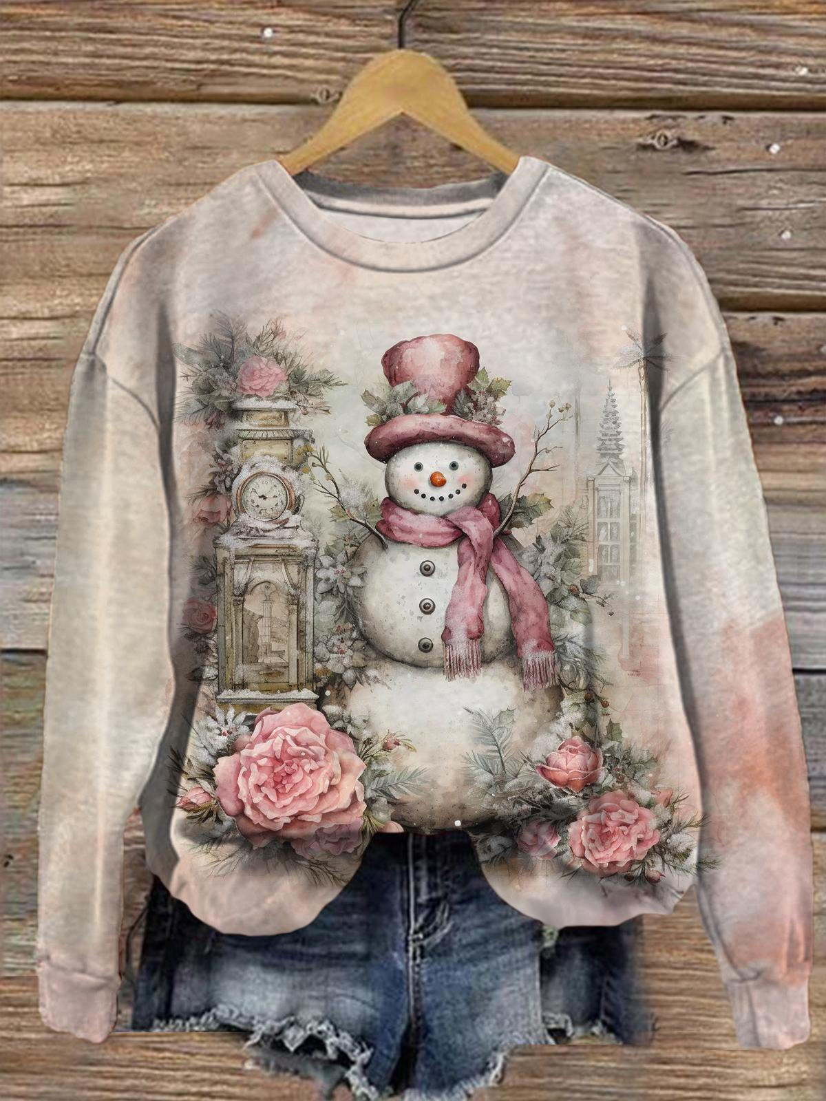 Women's Retro Pink Snowman Round Neck Long Sleeve Top