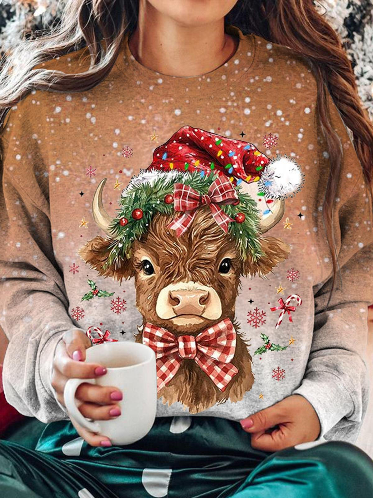 Women's Christmas Cow Crew Neck Casual Sweatshirt